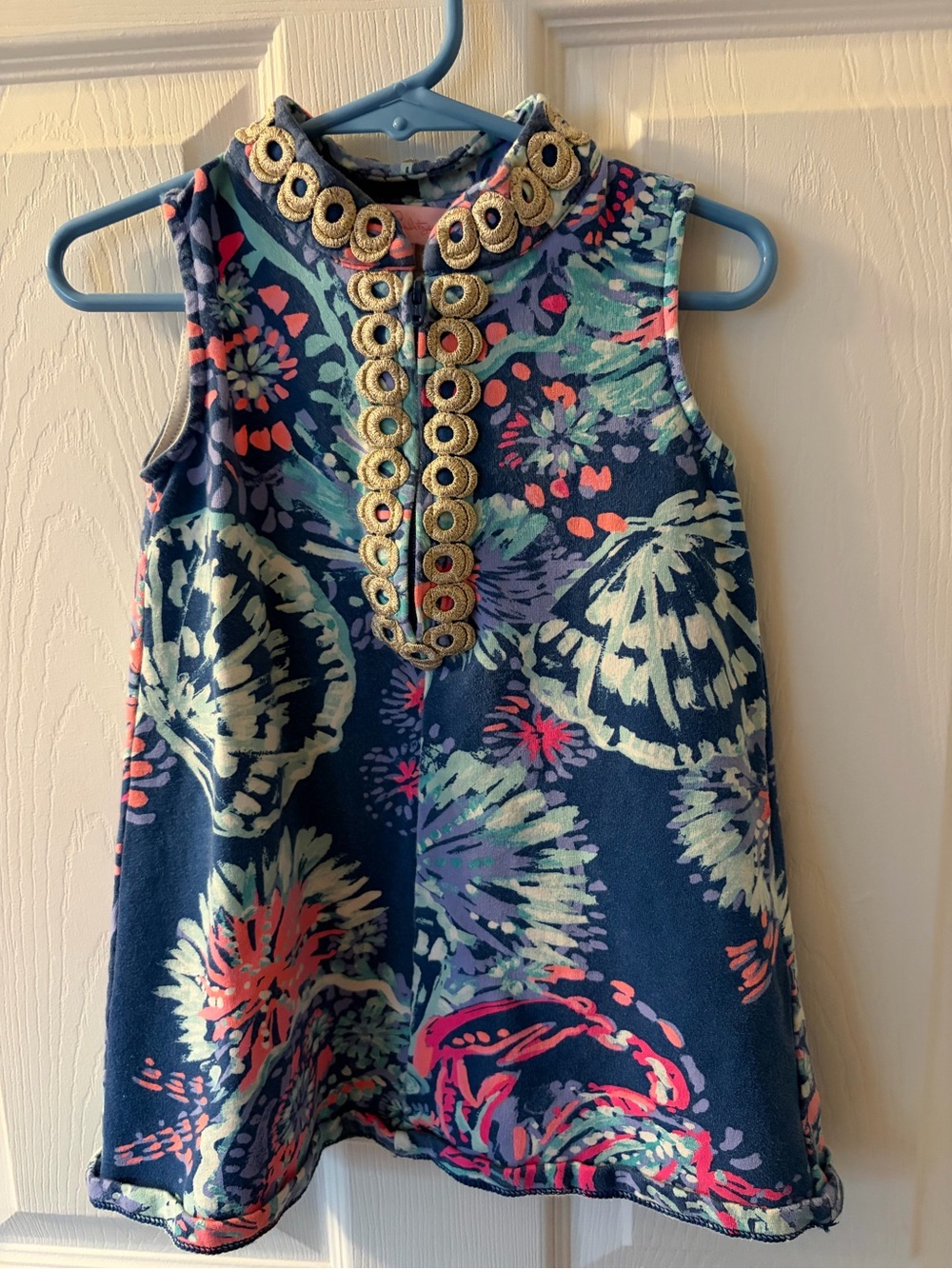 Lilly Pulitzer XS (2-3)Blue Floral Quarter Zip Sleeveless Sweatshirt Top Gold